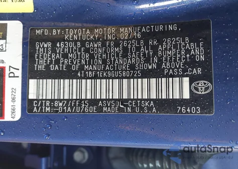 2016 Toyota Camry Se from USA, damaged, VIN 4T1BF1FK9GU580725